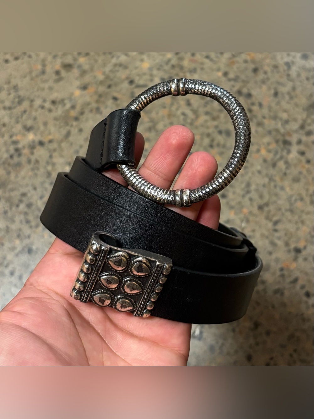 Chico’s Adjustable Leather Antique Silver Belt Black, Silver